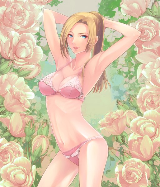 Anime picture 1200x1400 with final fantasy final fantasy xi square enix hume takatsuki kahiro long hair tall image blue eyes light erotic blonde hair ponytail underwear only arms behind head girl navel underwear panties flower (flowers)