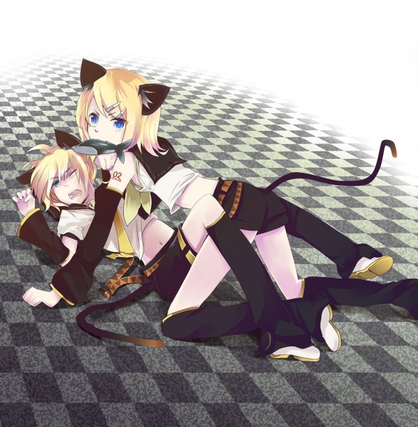 Anime picture 1200x1226 with vocaloid kagamine rin kagamine len saki k (artist) tall image short hair blue eyes blonde hair animal ears animal tail cat ears cat tail checkered floor girl boy detached sleeves shorts fish (fishes)
