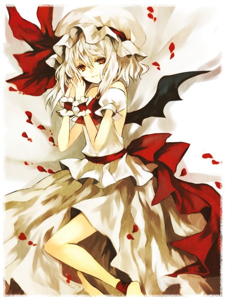Anime picture 927x1236 with touhou remilia scarlet hina (pico) single tall image looking at viewer short hair simple background red eyes white background bare shoulders white hair barefoot light smile girl dress skirt petals wings bonnet