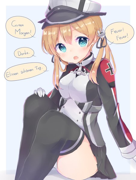 Anime picture 1000x1323 with kantai collection prinz eugen (kantai collection) momoirone single long hair tall image looking at viewer blush open mouth blue eyes light erotic blonde hair sitting twintails arm support teeth fang (fangs) pantyshot pantyshot sitting leg lift (legs lift)