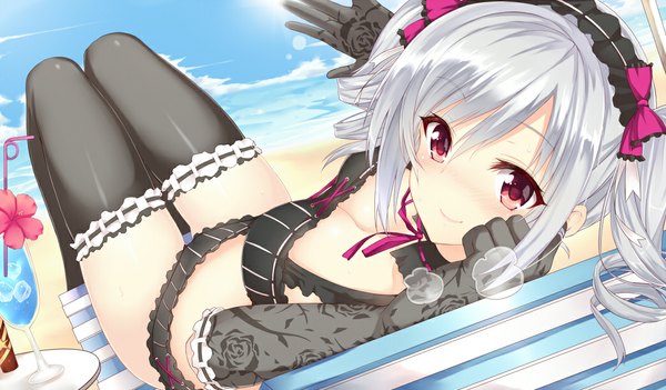 Anime picture 1042x611 with idolmaster idolmaster cinderella girls kanzaki ranko nakatama kyou single looking at viewer short hair light erotic smile red eyes wide image sky cleavage silver hair cloud (clouds) lying on back beach drill hair beach angel