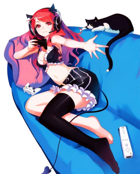 Anime picture 3389x4205 with original vofan single long hair tall image looking at viewer highres open mouth light erotic simple background red eyes white background holding pink hair absurdres red hair multicolored hair barefoot horn (horns) scan