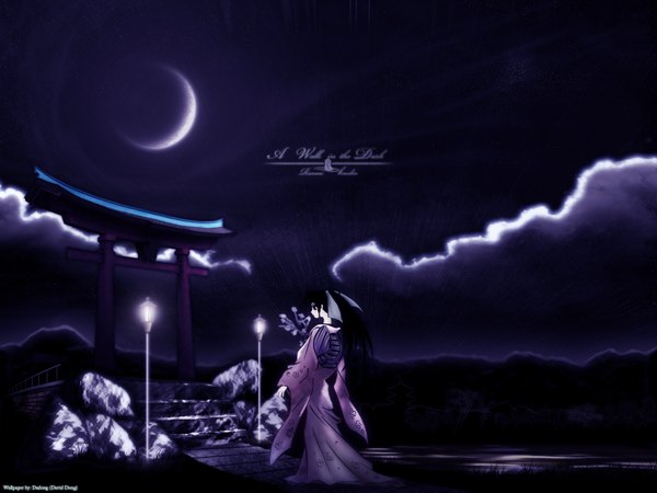 Anime picture 1600x1200 with rurouni kenshin kamiya kaoru watsuki nobuhiro dadong single long hair black hair signed looking away cloud (clouds) traditional clothes japanese clothes profile night night sky third-party edit crescent lake girl kimono