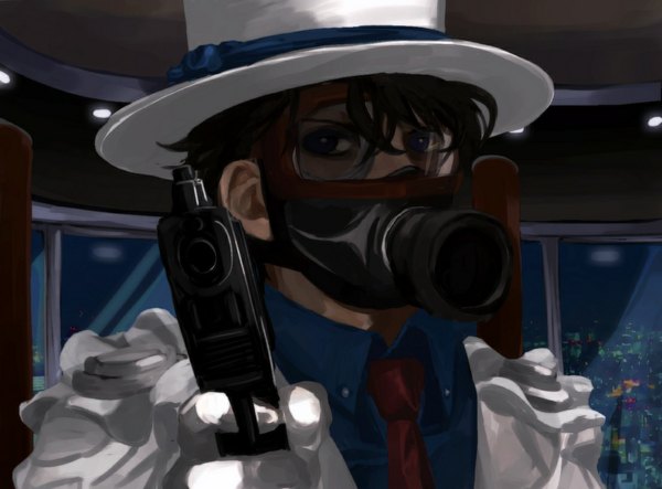 Anime picture 1105x816 with detective conan magic kaito kaito kid as (pixiv 1557515) short hair blue eyes black hair weapon hat necktie gun mask top hat gas mask