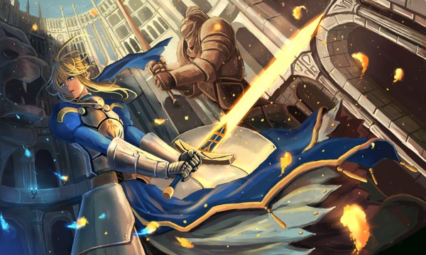 Anime picture 5905x3543 with fate (series) fate/stay night type-moon artoria pendragon (all) saber zen (weishanzhe) single long hair highres open mouth blue eyes blonde hair wide image absurdres glowing glowing weapon knight girl weapon sword