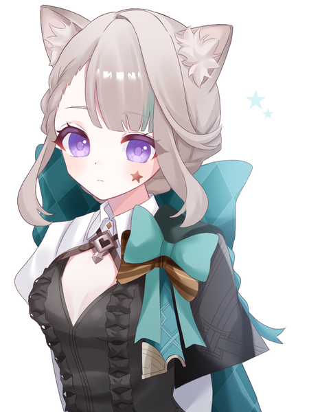 Anime picture 768x1024 with genshin impact lynette (genshin impact) kino (curry pan) single tall image fringe short hair simple background white background purple eyes animal ears cleavage upper body grey hair cat ears cat girl expressionless girl bow star (symbol)