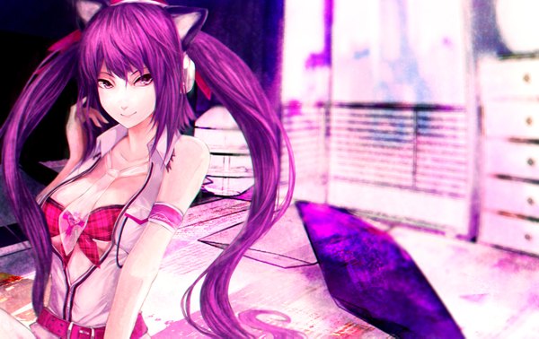 Anime picture 1500x947 with beatmania mizushiro celica teralilac single long hair looking at viewer breasts smile purple eyes twintails animal ears purple hair cat ears open clothes open shirt girl necktie belt headphones armband
