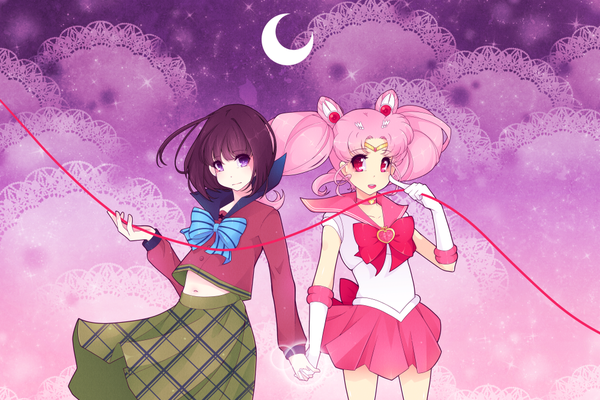 Anime picture 1000x667 with bishoujo senshi sailor moon toei animation chibiusa tomoe hotaru sailor chibi moon thanatosrising long hair short hair black hair brown hair standing purple eyes twintails multiple girls pink hair pink eyes wind hair bun (hair buns) turning head holding hands