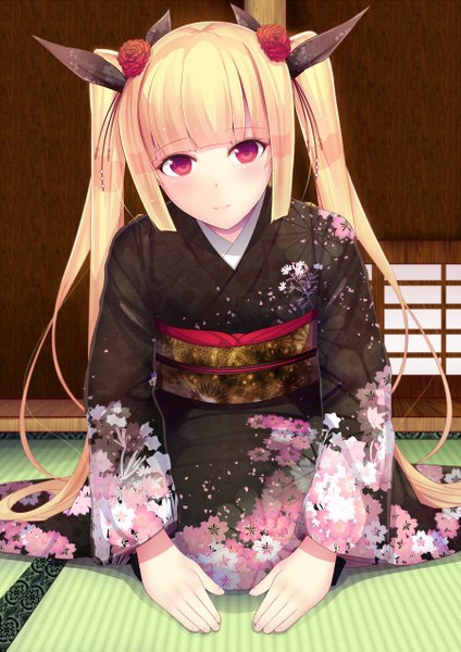 Anime picture 900x1273 with blazblue rachel alucard daiaru single long hair tall image looking at viewer blush blonde hair red eyes twintails traditional clothes japanese clothes girl hair ornament bow hair bow kimono obi