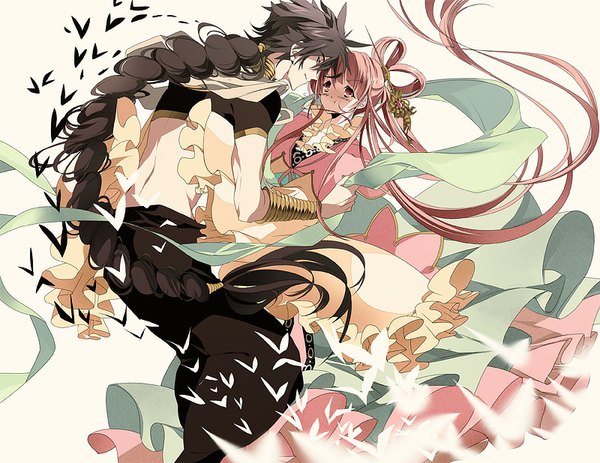 Anime picture 800x618 with magi the labyrinth of magic a-1 pictures judal ren kougyoku mono (freerotary) blush fringe black hair white background pink hair braid (braids) very long hair traditional clothes profile pink eyes single braid chinese clothes face to face girl boy
