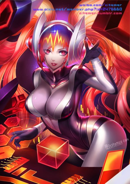 Anime picture 996x1413 with league of legends sona buvelle gu-ko citemer single tall image looking at viewer breasts light erotic large breasts standing twintails pink hair red hair very long hair pink eyes multicolored hair orange hair leaning leaning forward lipstick