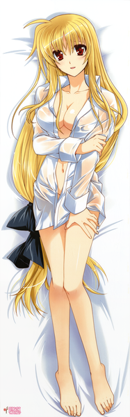 Anime picture 2344x7500 with mahou shoujo lyrical nanoha fate testarossa single long hair tall image highres breasts light erotic blonde hair red eyes full body very long hair barefoot scan open clothes bare legs open shirt dakimakura (medium) girl navel