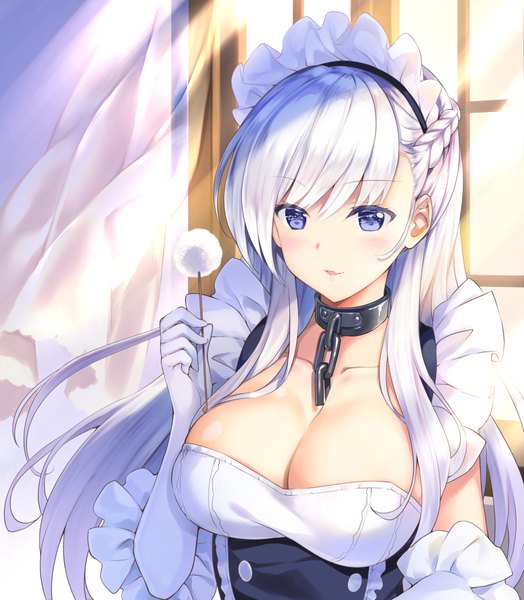 Anime picture 900x1029 with azur lane belfast (azur lane) rei (rei's room) single long hair tall image looking at viewer blush fringe breasts blue eyes light erotic hair between eyes large breasts holding cleavage silver hair upper body indoors braid (braids)