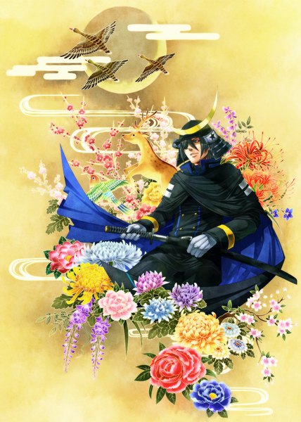 Anime picture 1100x1540 with sengoku basara production i.g date masamune ujuju single tall image short hair black hair grey eyes cherry blossoms spring unsheathing boy gloves flower (flowers) weapon animal sword bird (birds) katana