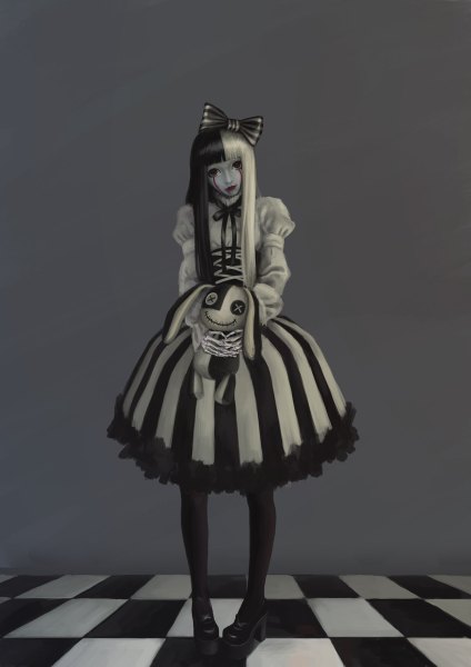 Anime picture 848x1200 with original asaki leaf single long hair tall image fringe black hair white hair blunt bangs head tilt multicolored hair puffy sleeves striped checkered floor floor checkered skeleton gothic bloody tears girl