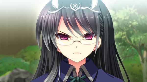 Anime picture 1280x720 with sengoku hime 4 long hair black hair wide image purple eyes game cg angry girl hair ornament glasses