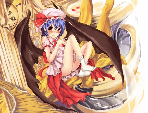 Anime picture 1500x1148 with touhou remilia scarlet 463 jun single looking at viewer blush short hair light erotic red eyes blue hair girl dress wings socks white socks bonnet