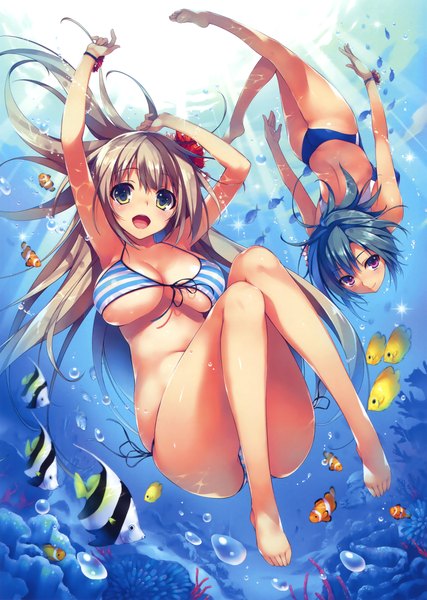 Anime picture 2351x3300 with original eshi 100-nin ten tomose shunsaku long hair tall image looking at viewer blush highres short hair breasts open mouth light erotic brown hair large breasts multiple girls ass barefoot hair flower green hair sunlight
