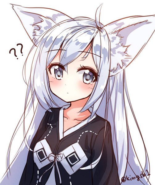 Anime picture 800x956 with blade & soul lyn (blade & soul) tandohark single long hair tall image looking at viewer blush fringe hair between eyes white background signed animal ears payot silver hair upper body ahoge :o grey eyes twitter username