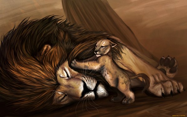 Anime picture 1920x1200 with the lion king simba mufasa makirou highres wide image animal ears lying eyes closed animal tail brown background animal teardrop lion