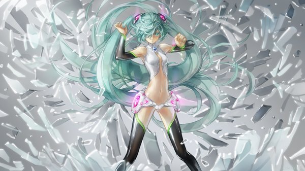 Anime picture 1600x900 with vocaloid vocaloid append hatsune miku hatsune miku (append) jane mere long hair fringe wide image green eyes very long hair green hair hair over one eye midriff girl navel detached sleeves