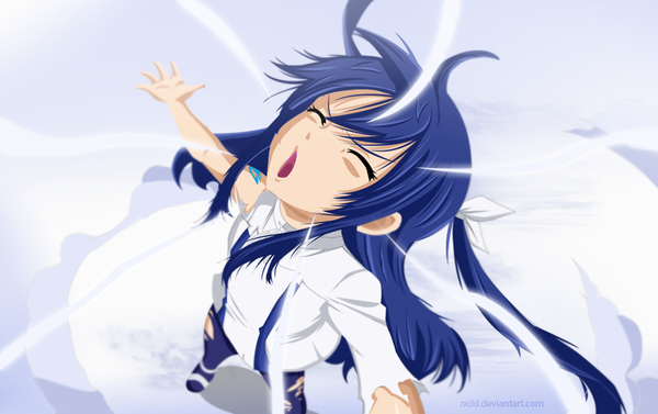 Anime picture 1000x629 with fairy tail wendy marvell wendytsq single long hair open mouth blue hair eyes closed tattoo coloring torn clothes magic spread arms girl bow hair bow