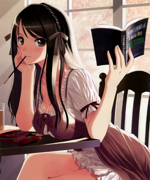 Anime picture 4517x5398 with original tony taka single long hair tall image looking at viewer blush fringe highres breasts smile brown hair holding brown eyes absurdres bent knee (knees) indoors light smile inscription short sleeves