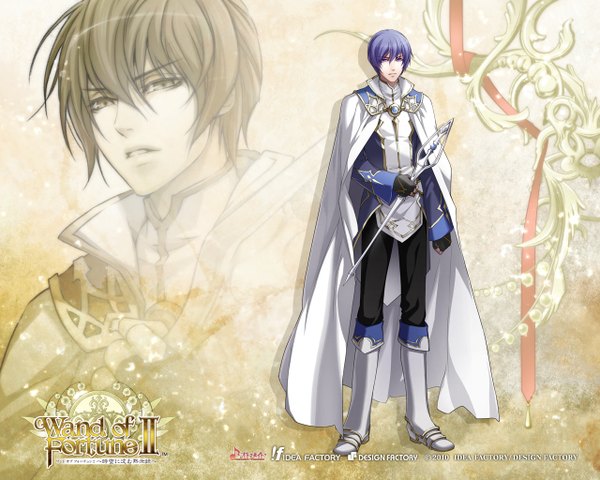 Anime picture 1280x1024 with wand of fortune 2 idea factory julius fortner single short hair open mouth blue eyes blue hair inscription boy boots cloak staff