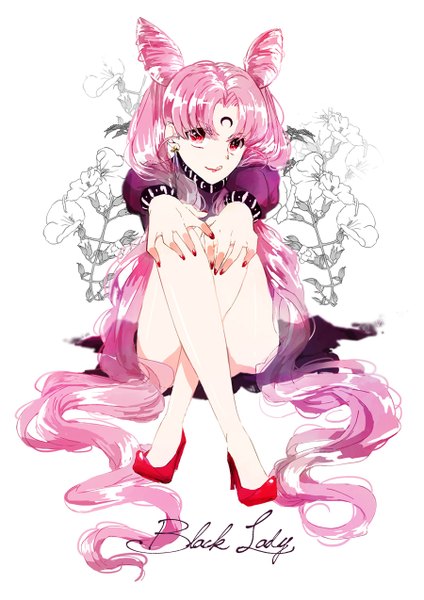 Anime picture 900x1273 with bishoujo senshi sailor moon toei animation black lady motyaaaaaaa single long hair tall image simple background red eyes white background sitting twintails looking away pink hair very long hair nail polish hair bun (hair buns) high heels crossed legs looking up