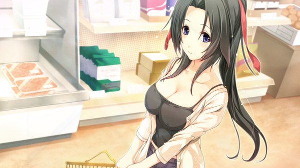 Anime picture 2048x1152 with sougeki no jaeger single long hair highres blue eyes black hair wide image game cg ponytail girl ribbon (ribbons) hair ribbon