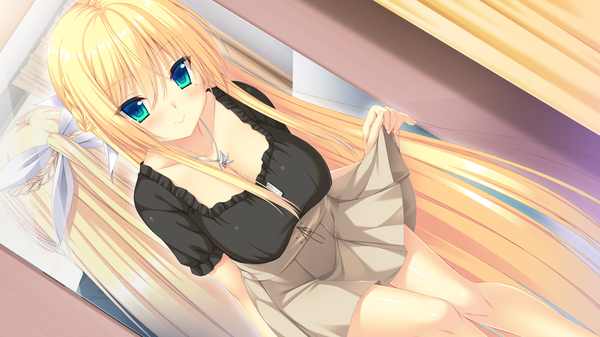 Anime picture 2048x1152 with natsu no majo no parade carol mercuris single long hair looking at viewer blush highres blue eyes blonde hair smile wide image game cg girl dress pendant