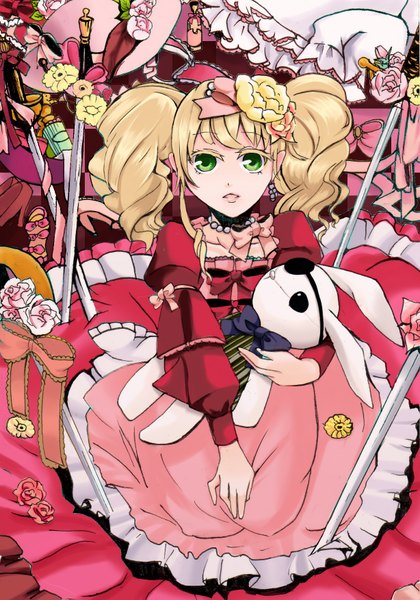 Anime picture 1227x1751 with kuroshitsuji a-1 pictures elizabeth middleford single long hair tall image looking at viewer blonde hair twintails green eyes girl dress flower (flowers) weapon earrings sword toy eyepatch stuffed animal stuffed toy