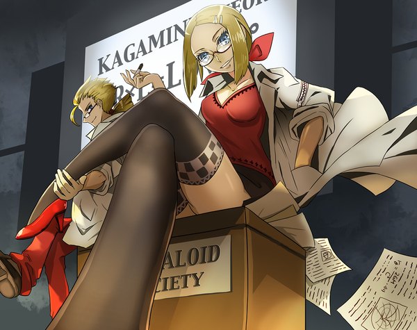 Anime picture 1056x837 with vocaloid kagamine rin kagamine len kanipanda looking at viewer short hair blue eyes blonde hair smile sitting crossed legs girl thighhighs boy skirt black thighhighs glasses coat paper