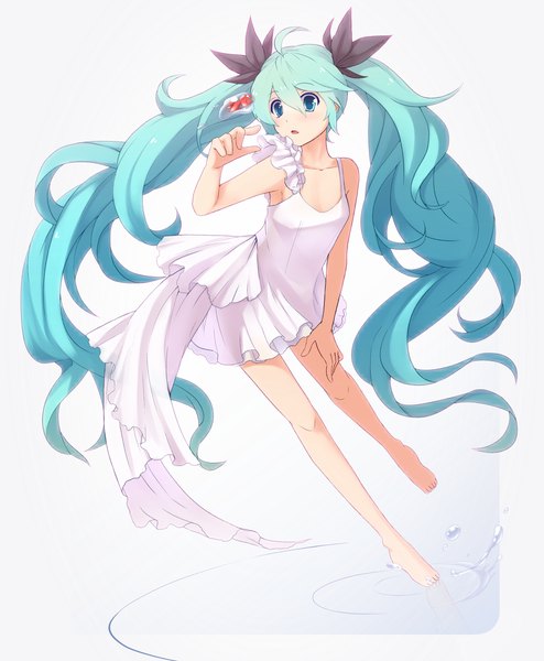 Anime picture 989x1200 with vocaloid hatsune miku shimamura single tall image simple background white background twintails bare shoulders looking away very long hair aqua eyes aqua hair girl dress bow hair bow water sundress fish (fishes)