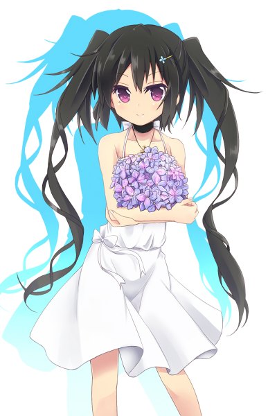 Anime picture 800x1200 with original amano kouki single long hair tall image looking at viewer blush black hair simple background smile standing white background pink eyes shadow girl dress hair ornament flower (flowers) bow white dress