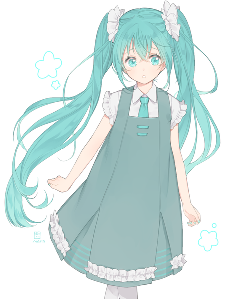Anime picture 801x1008 with vocaloid hatsune miku marin (myuy 3) single long hair tall image fringe simple background hair between eyes white background twintails signed looking away aqua eyes aqua hair girl frills scrunchie flower (symbol)