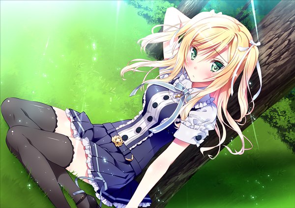 Anime picture 1024x725 with friends (game) kamiya maneki long hair blush blonde hair green eyes game cg girl uniform ribbon (ribbons) hair ribbon school uniform