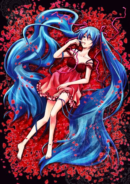 Anime picture 1243x1758 with vocaloid hatsune miku tall image blue eyes twintails blue hair cleavage lying very long hair nail polish barefoot girl ribbon (ribbons) hair ribbon petals