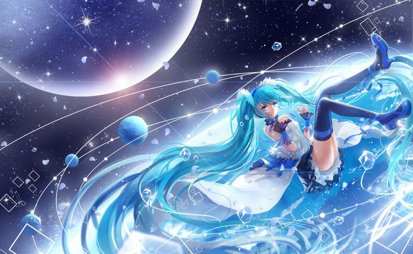 Anime picture 1181x728 with 7th dragon vocaloid hatsune miku wallace (artist) single looking at viewer wide image twintails very long hair aqua eyes aqua hair girl thighhighs dress black thighhighs petals planet