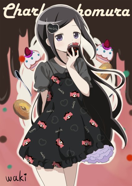 Anime picture 1500x2118 with mahou shoujo madoka magica shaft (studio) akemi homura neki (wakiko) single long hair tall image looking at viewer blush open mouth black hair purple eyes holding character names arm behind back girl dress sweets cake fork