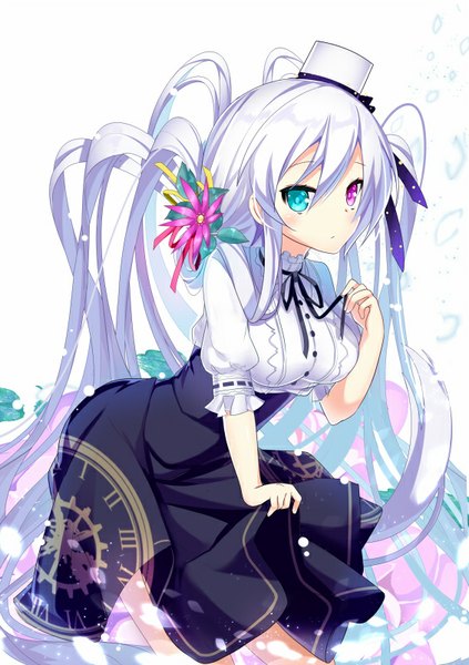 Anime picture 565x800 with original nyori single tall image looking at viewer blush fringe breasts blue eyes large breasts standing twintails silver hair purple hair white hair very long hair pink eyes hair flower leaning heterochromia