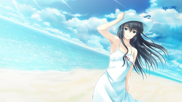 Anime picture 2048x1152 with tokyo babel long hair highres blue eyes black hair wide image game cg cloud (clouds) beach girl hat sundress