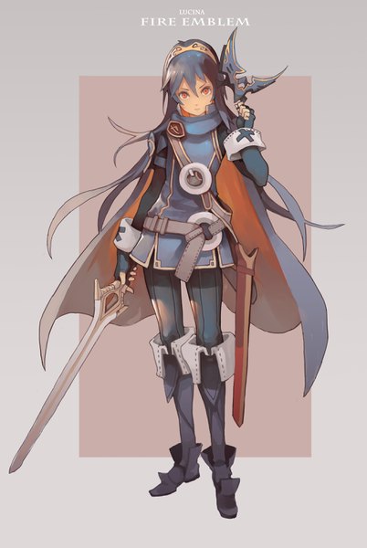 Anime picture 2000x2982 with fire emblem fire emblem awakening lucina (fire emblem) cotton tan single long hair tall image looking at viewer fringe highres simple background hair between eyes red eyes standing holding blue hair full body copyright name character names striped