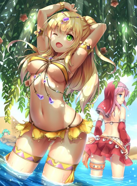 Anime picture 848x1152 with original sasaame long hair tall image blush breasts blue eyes light erotic blonde hair multiple girls green eyes pink hair one eye closed wink midriff girl navel flower (flowers) 2 girls swimsuit