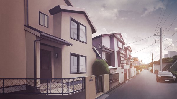Anime picture 1920x1080 with original syiori highres wide image sky cloud (clouds) no people street building (buildings) ground vehicle fence car house power lines door road chain-link fence