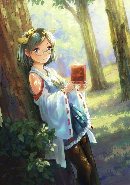 Anime picture 707x1000 with kantai collection kirishima battleship miyai haruki single tall image looking at viewer blush short hair blue eyes black hair bare shoulders holding traditional clothes japanese clothes pleated skirt light smile sunlight wide sleeves dutch angle nontraditional miko