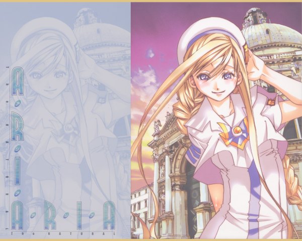 Anime picture 1280x1024 with aria alicia florence amano kozue single long hair looking at viewer blonde hair smile purple eyes braid (braids) wallpaper copyright name single braid evening sunset arm behind head architecture girl uniform building (buildings)