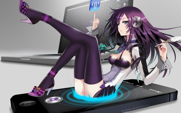 Anime picture 2560x1600 with apple inc. siri an2a single long hair highres blue eyes wide image cleavage purple hair legs reclining girl thighhighs necktie headphones pen laptop computer iphone