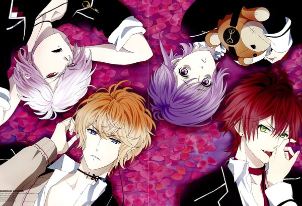 Anime picture 3322x2275 with diabolik lovers idea factory sakamaki shuu sakamaki subaru sakamaki ayato sakamaki kanato looking at viewer highres short hair blue eyes blonde hair red eyes purple eyes green eyes absurdres purple hair white hair red hair scan multiple boys