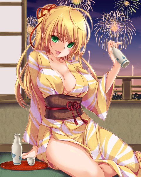 Anime picture 959x1200 with original moneti (daifuku) single long hair tall image blush open mouth light erotic blonde hair green eyes cleavage traditional clothes japanese clothes fireworks girl ribbon (ribbons) hair ribbon kimono obi